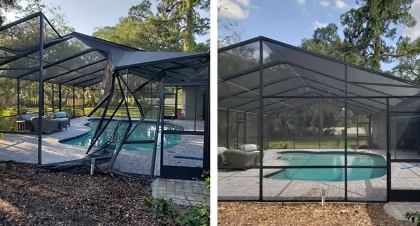 Aluminum Pool Cage Repair Before and after a pool cage restoration florida Aluminum Repair