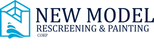 New Model Rescreening & Painting Company logo featuring a modern design with blue and white elements.